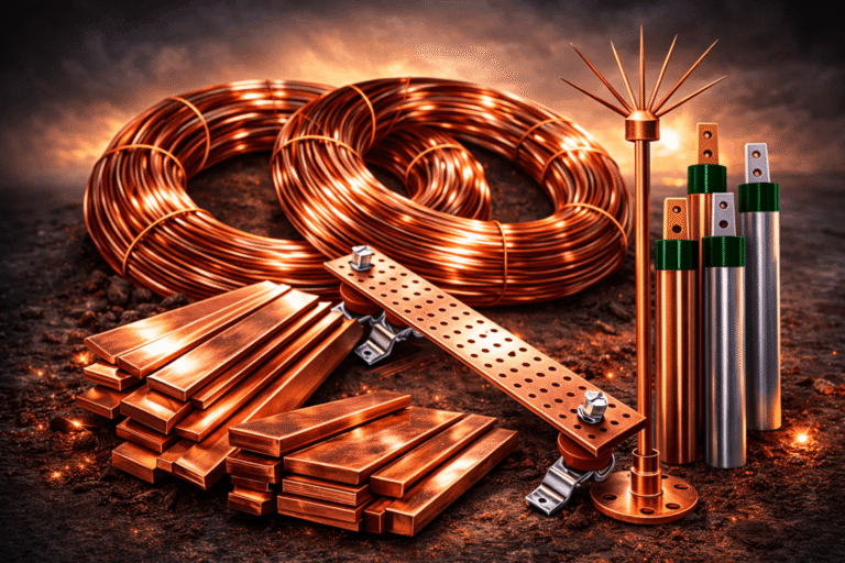 Earthing materials including copper wire, copper strip, earth busbar and chemical earthing electrode
